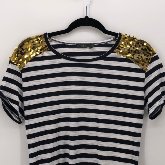 THML Striped Shirt Top Gold Sequins Shoulder S - Picture 2 of 7